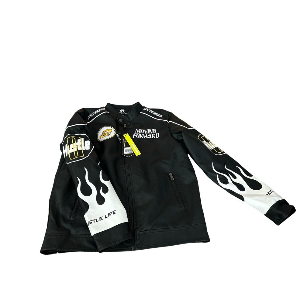 Refinery Republic Racer Jacket‎ Faux Leather Lined Medium Black Flame New NWT
